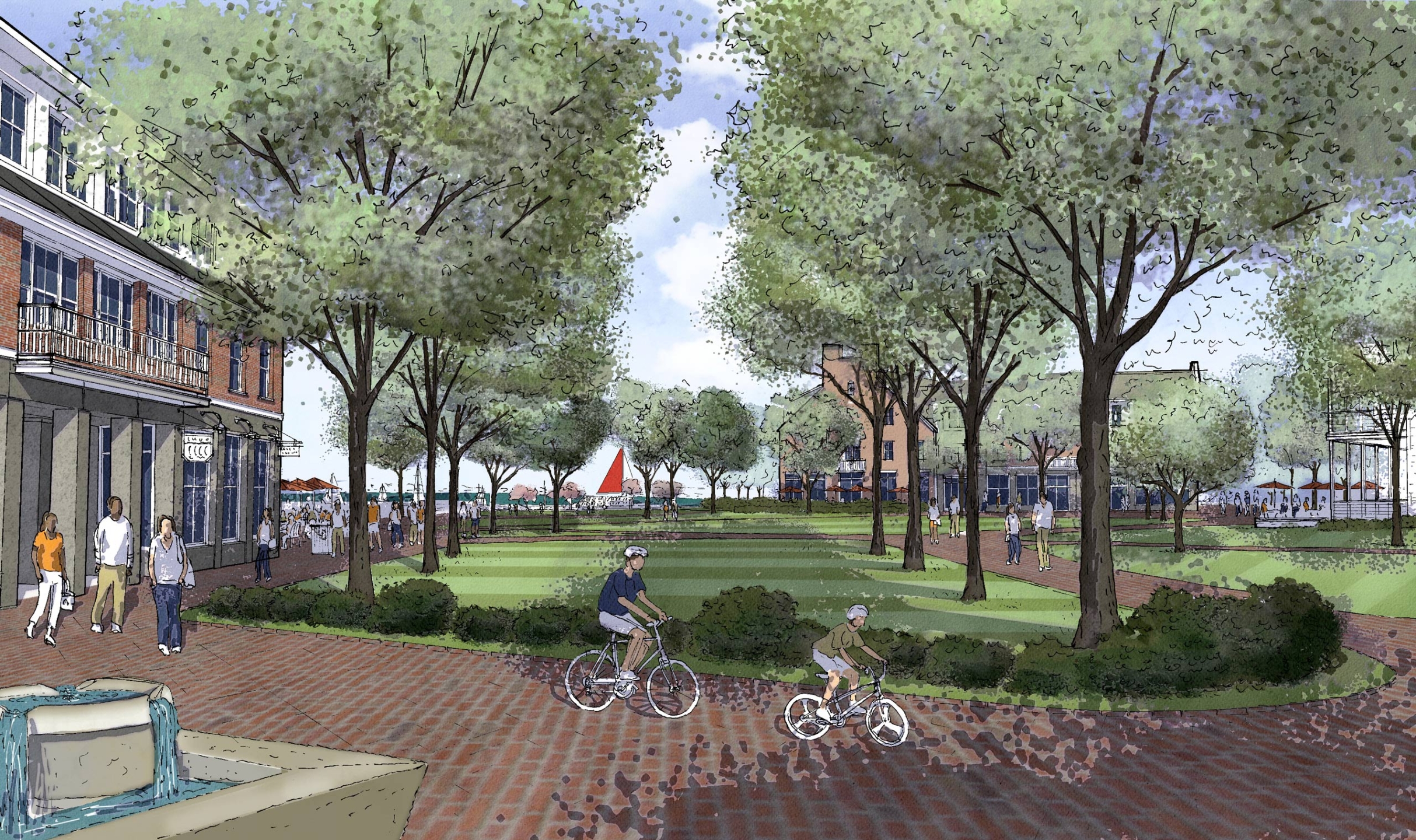 Drawing of people walking and biking through park and neighboring shops, the waterfront in the distance.