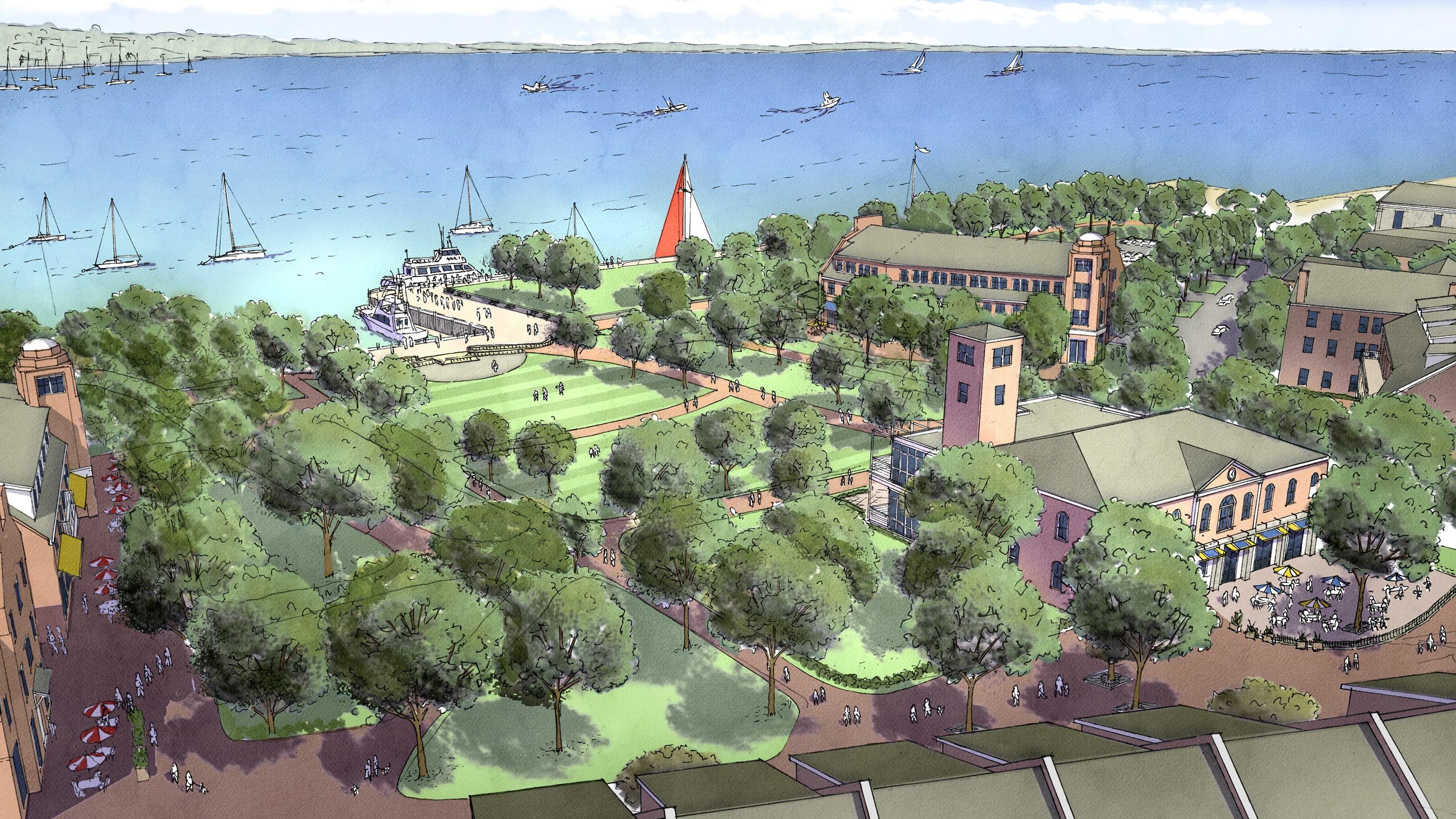 Aerial drawing looking over proposed updates out toward Merrimack River