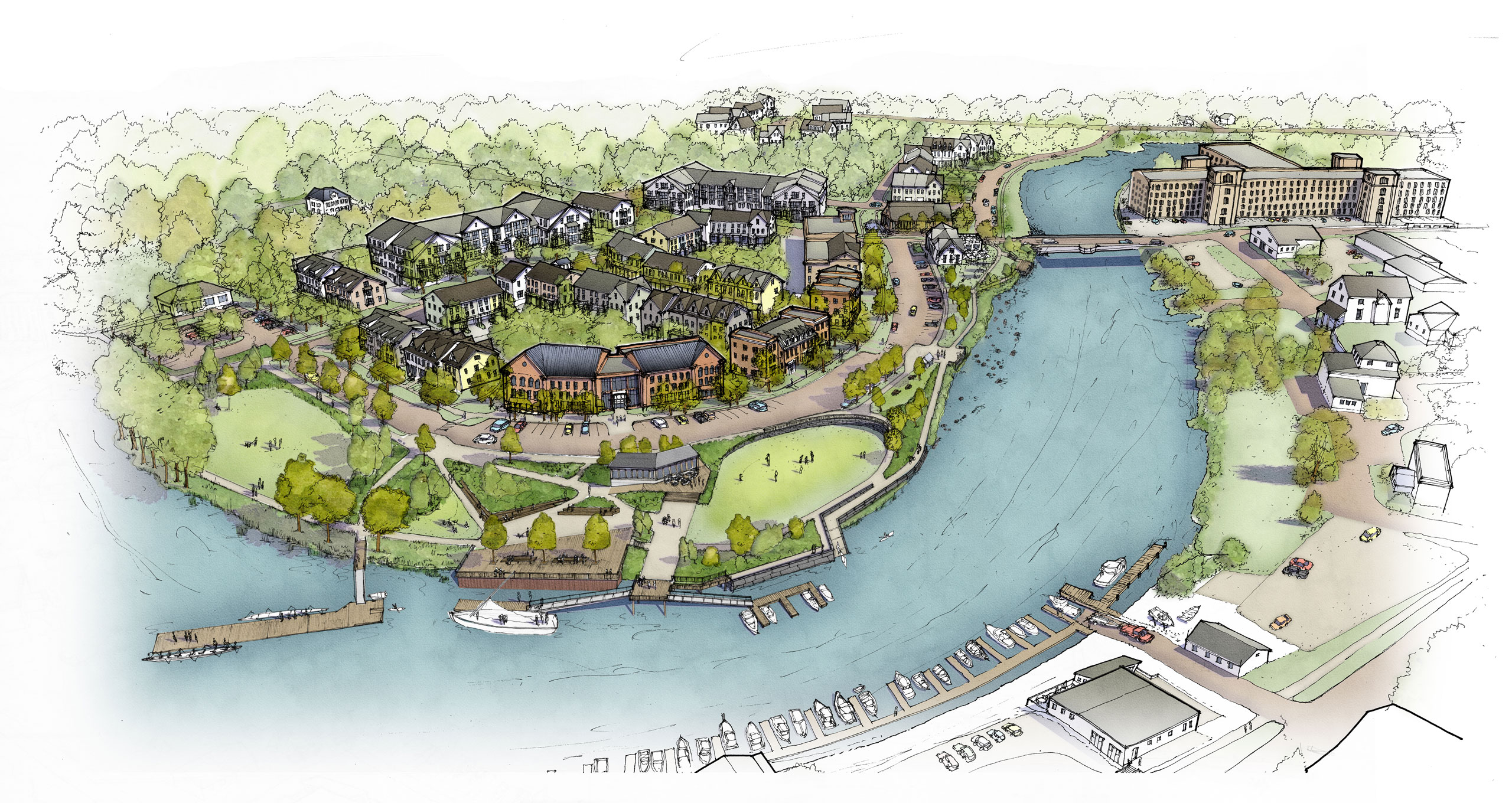 Aerial drawing of the proposed development with waterfront park in the foreground.