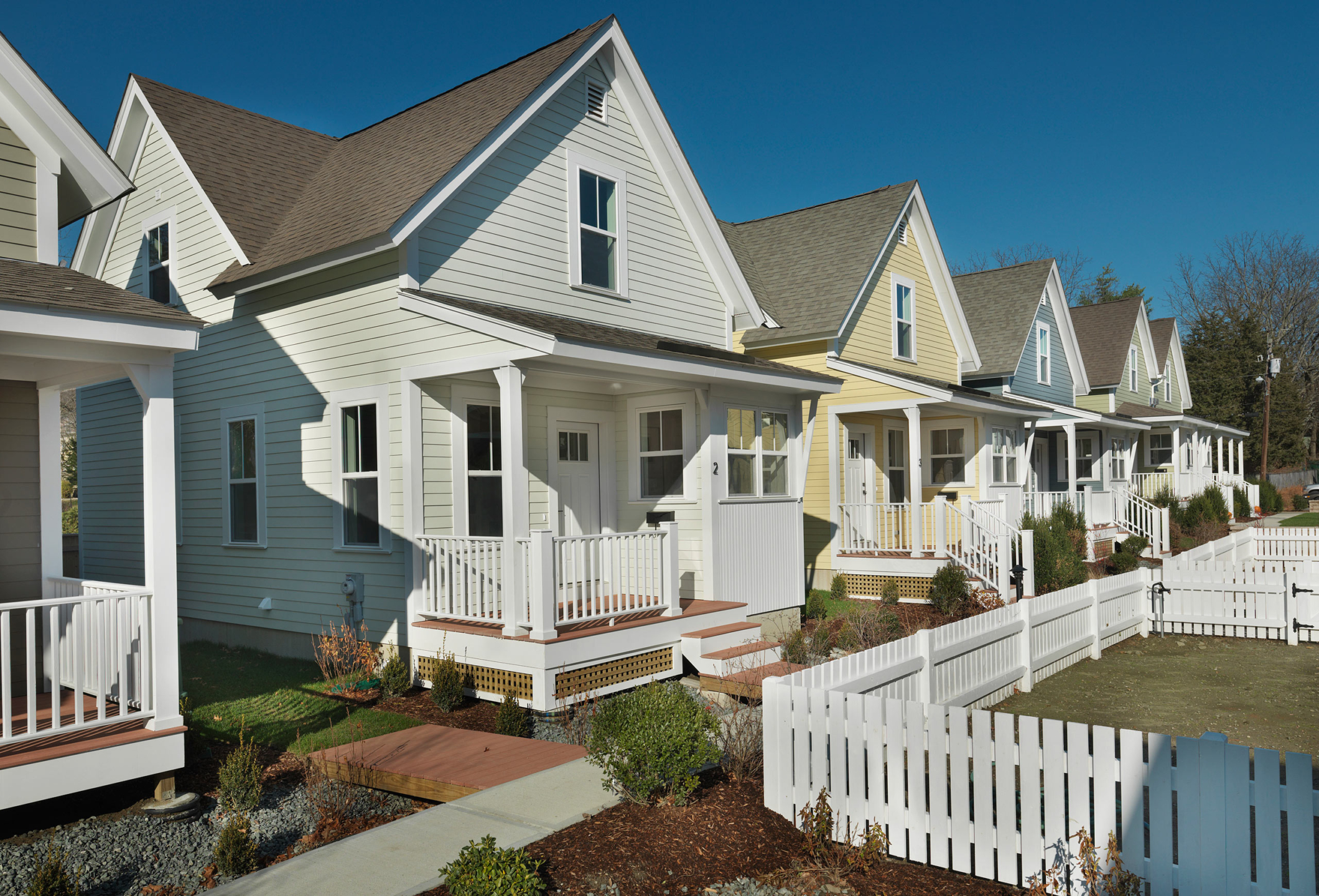The mix of cottage types and bioswale landscaping add character to this community.