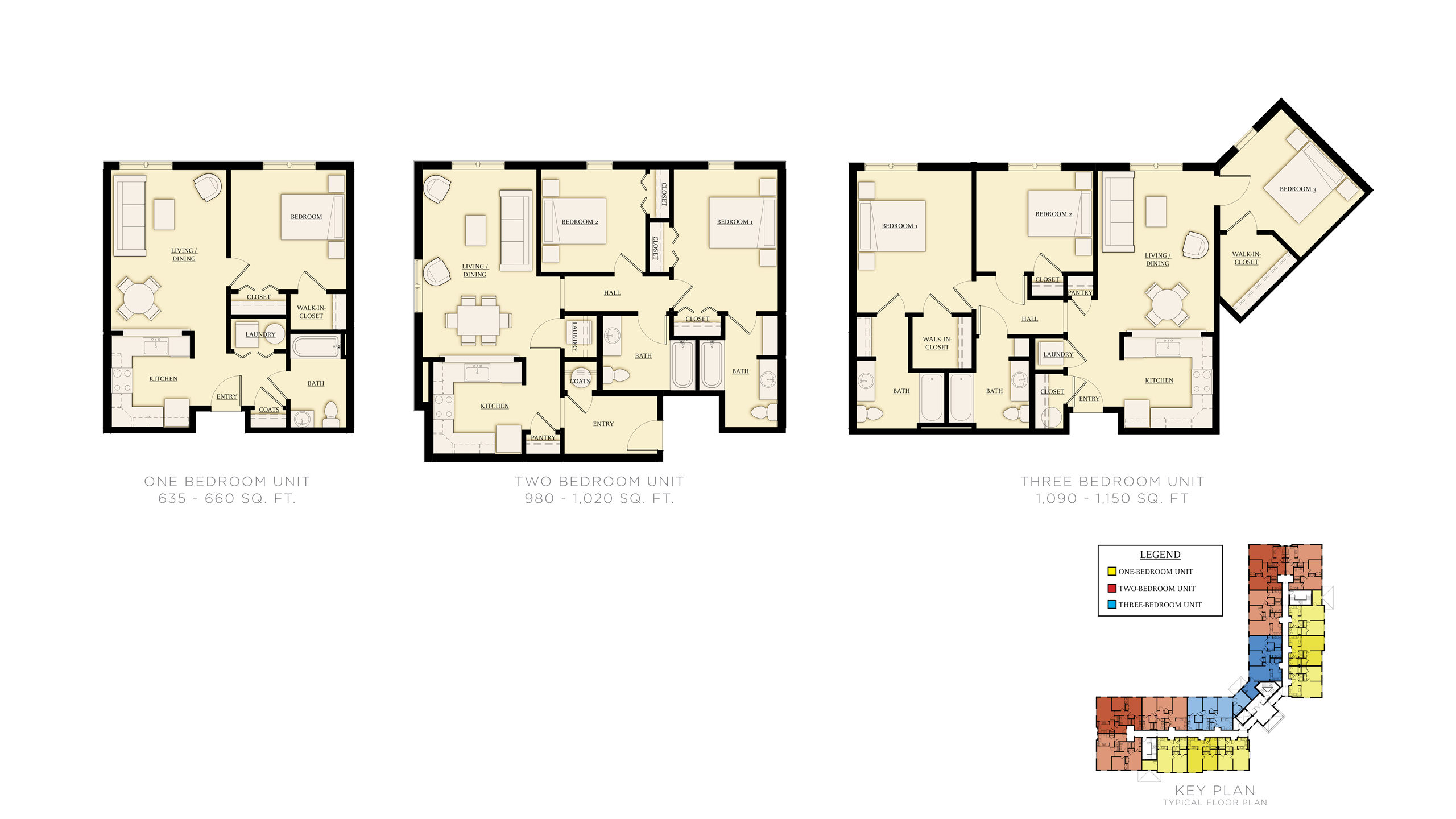 Typical one-, two-, and three-bedroom floor plans.