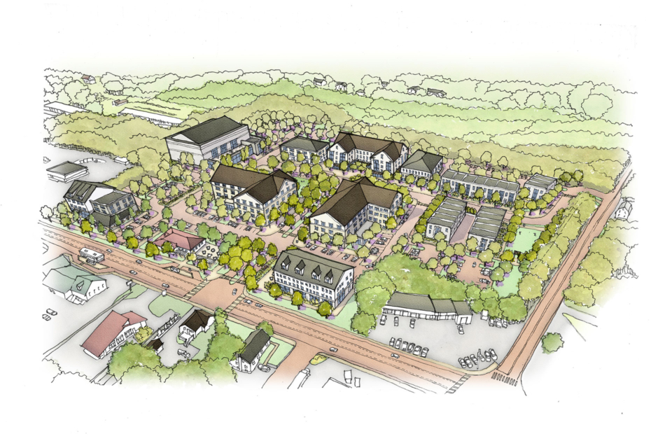 Conceptual bird's eye drawing of potential transformation on Ocean State Job Lot property