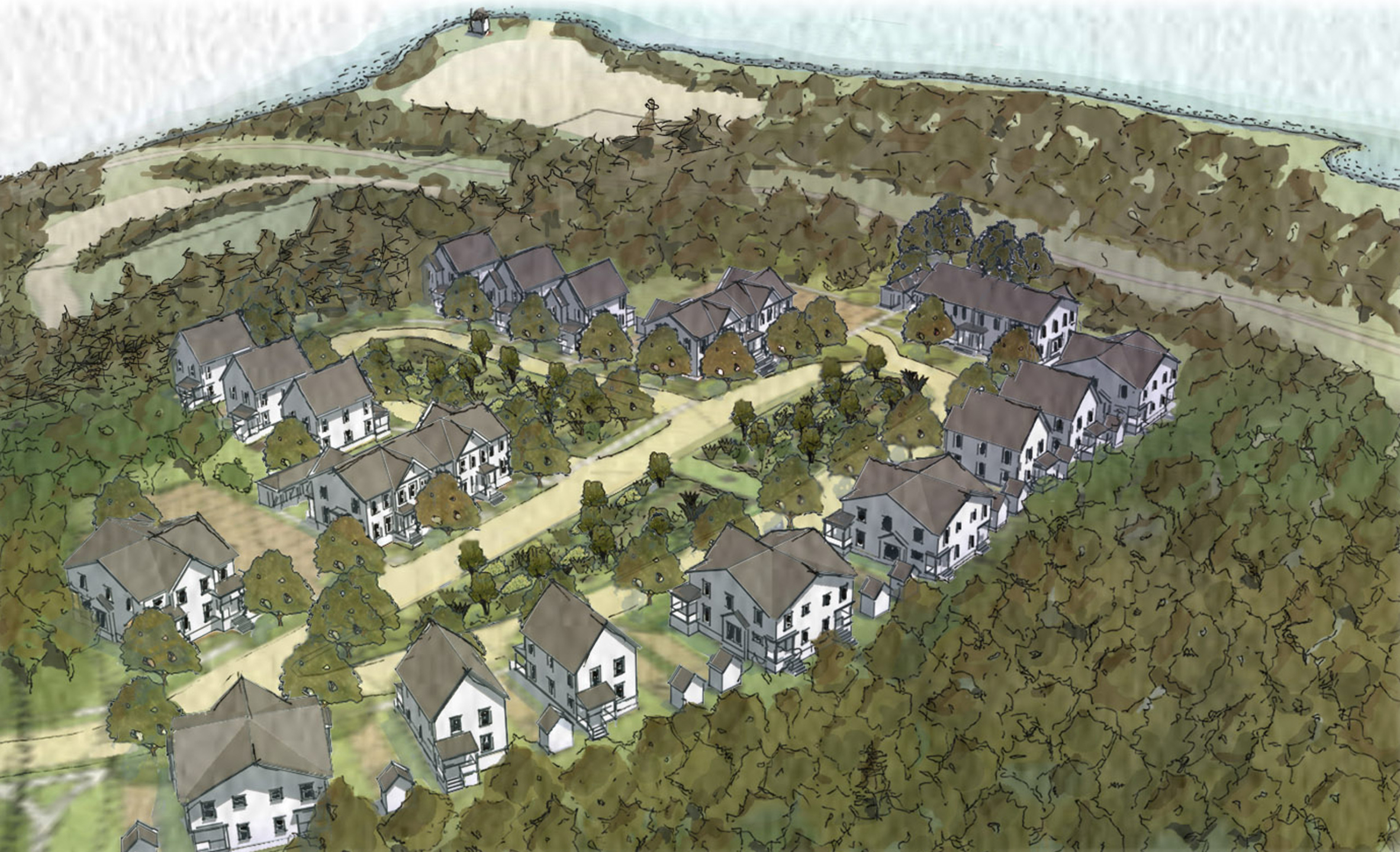 Aerial perspective drawing of the community with water in distance