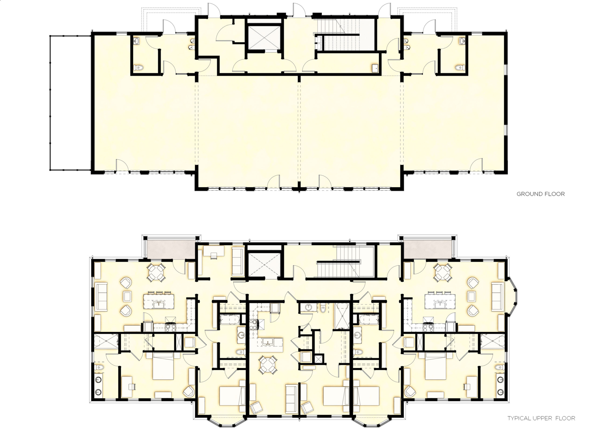 Floor plans of commercial space and typical residential floor.